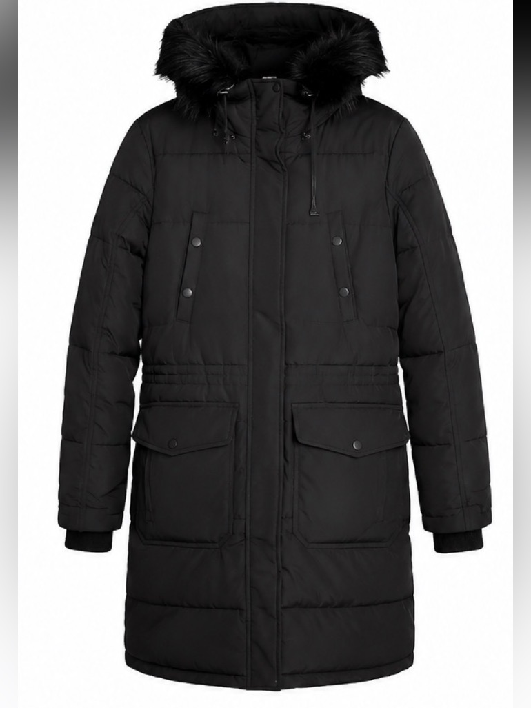 Bcbgmaxazria Black Long Puffer Coat Removable Hood Faux Fur Trim Size M